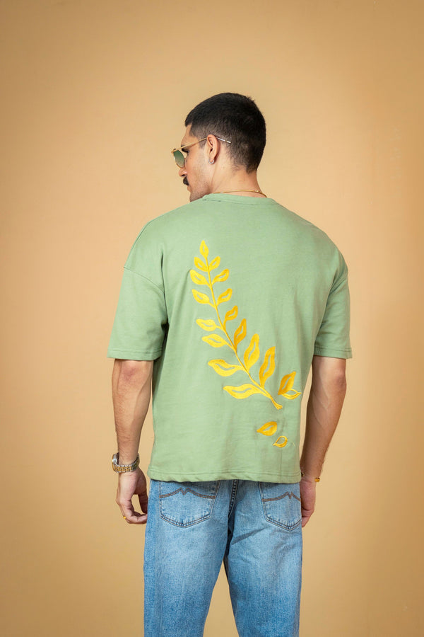 Sage Green Embroidered Leaf T-shirt