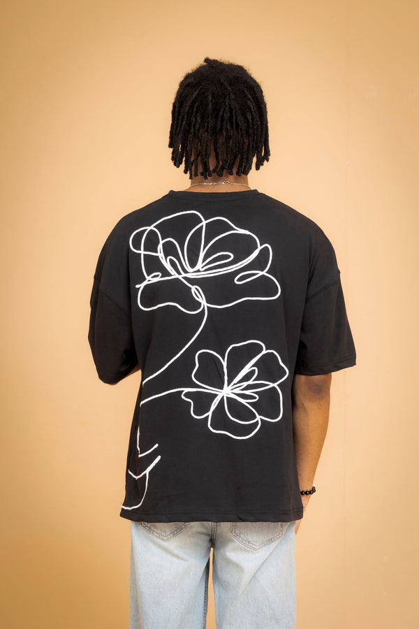 Black Floral Line Art T-shirt