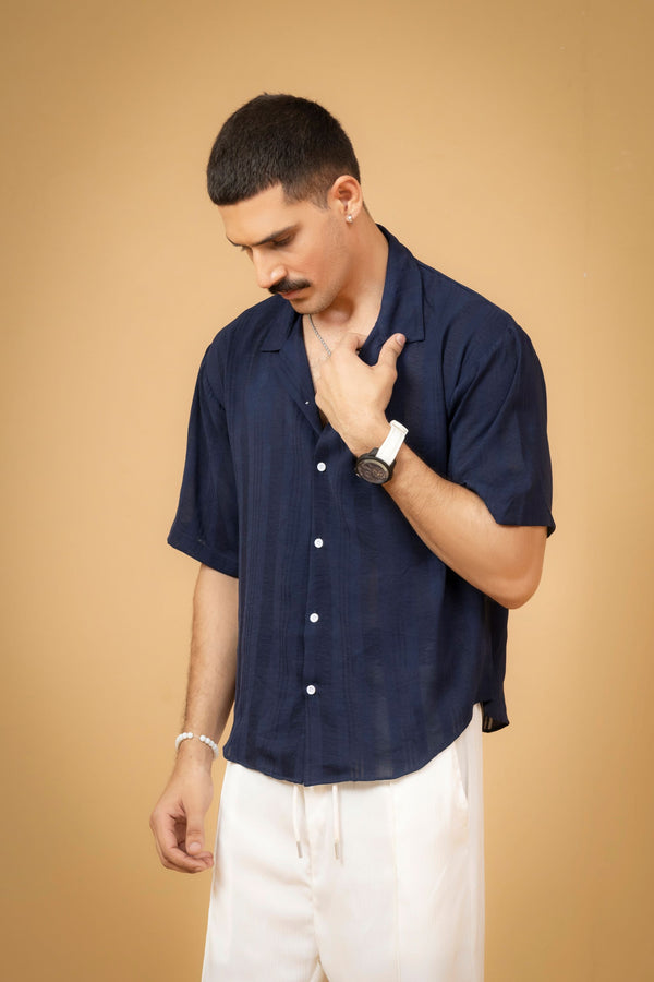 Textured Navy Button-Up