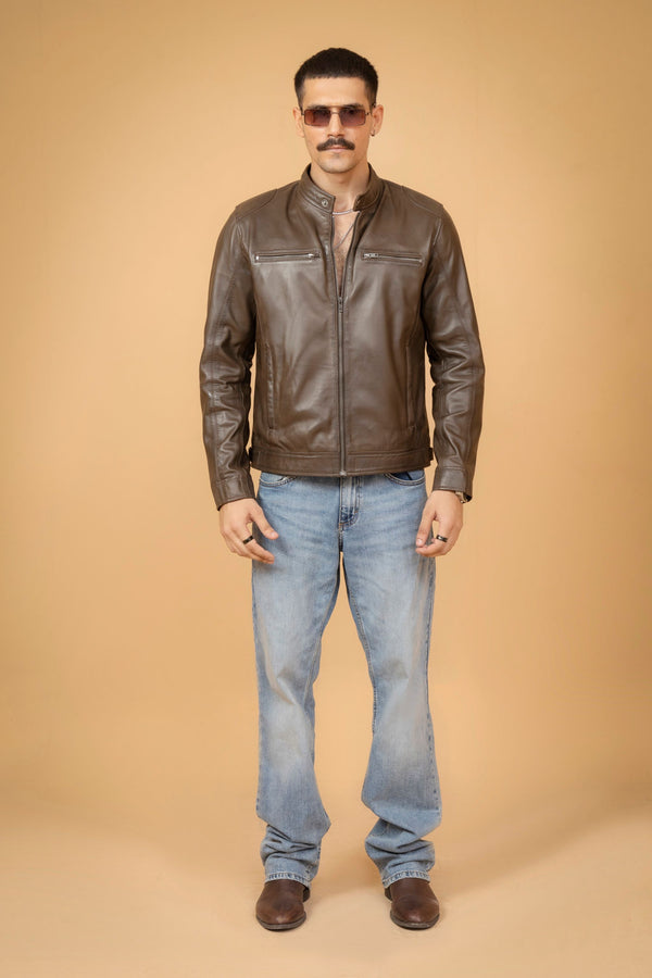 Coffee-Brown Leather Café Racer Jacket