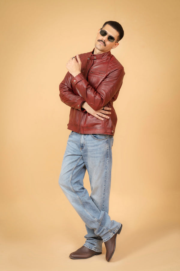 Maroon Leather Cafe Racer Jacket