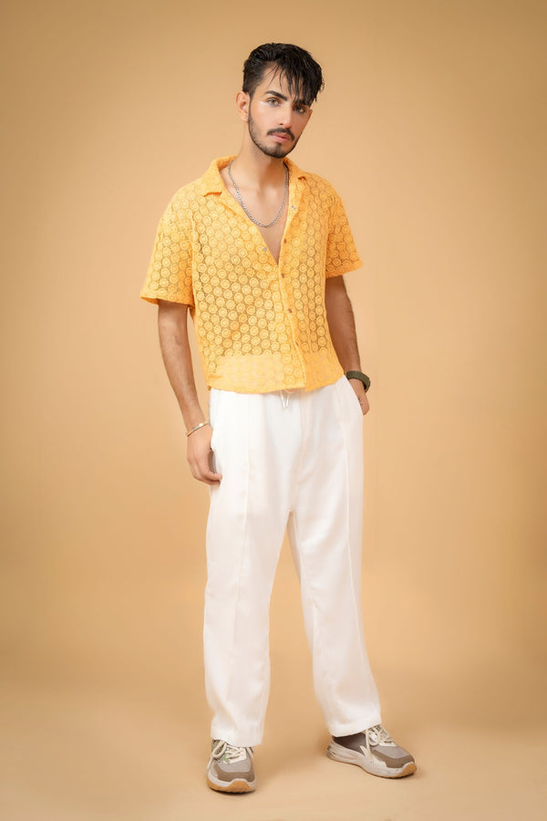 Lemon Crochet-Knit Short-Sleeved Shirt